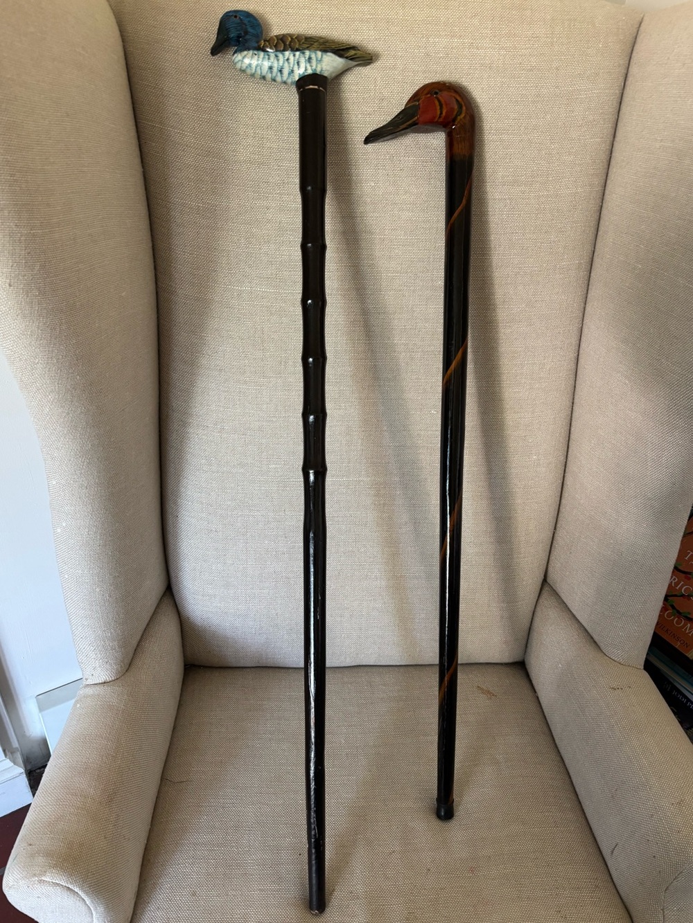Lot 2 Vintage Hand Carved Wooden Duck Decoy Walking Stick Cane Painted